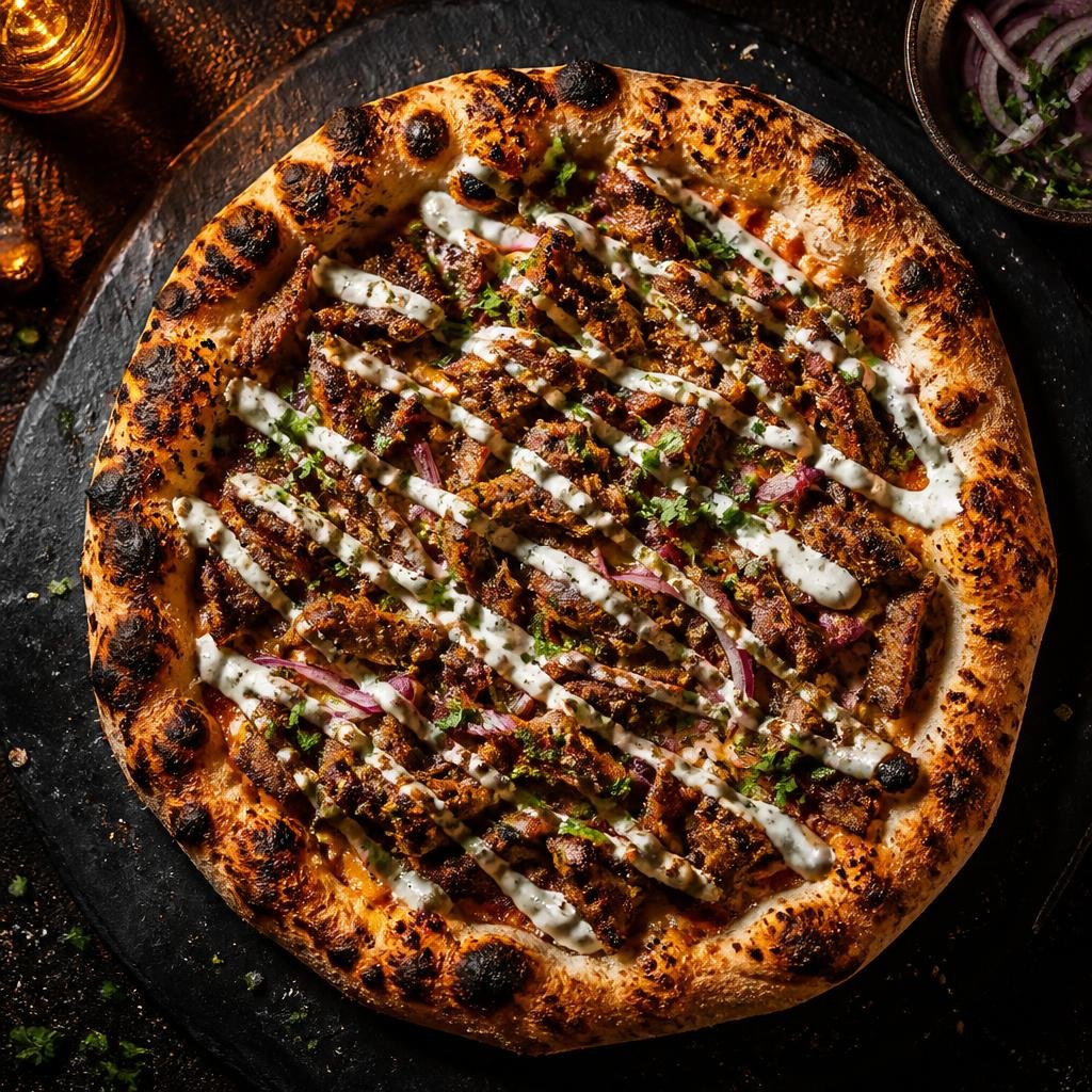 Fire-blistered doner pizza on a slate board