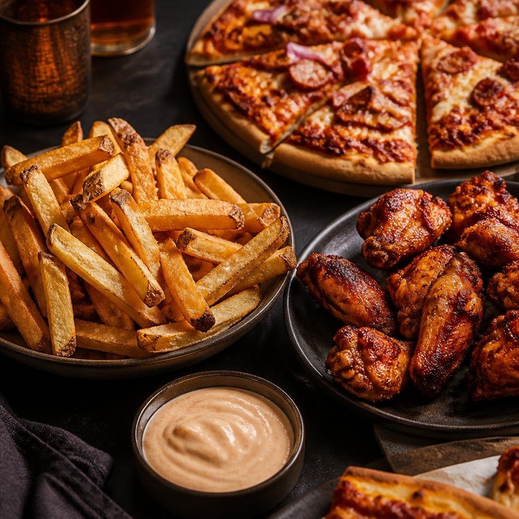 Fries, hot wings and pizza spread