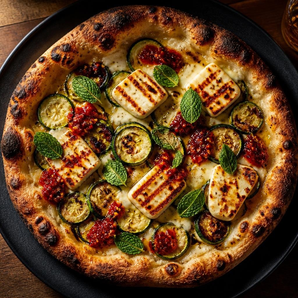 Halloumi Highway pizza with grilled halloumi and courgette