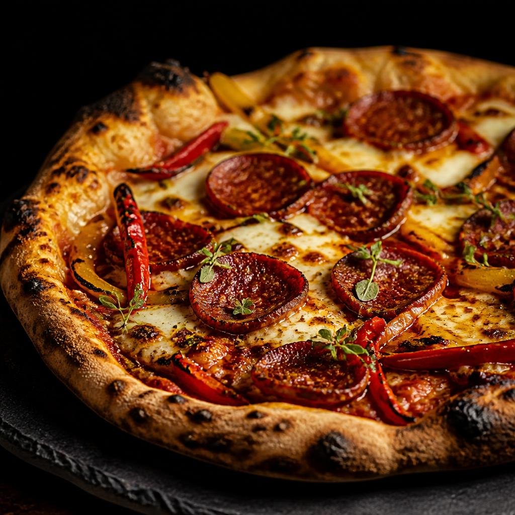 Smoky Sujuk pizza with sujuk and smoked peppers